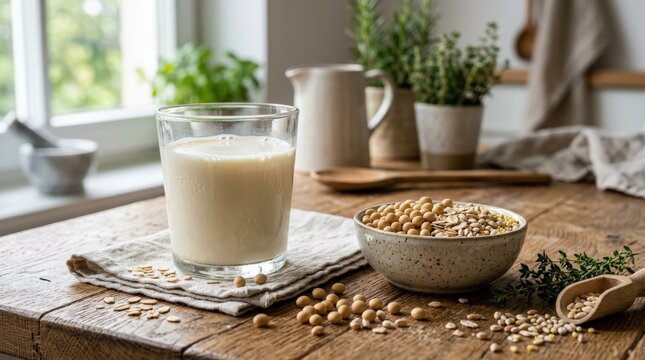 A glass of fresh soy milk on a wooden table beside soybeans and scattered grains, natural plant-based ingredients with clean healthy kitchen styling, ultra-realistic, no logos.