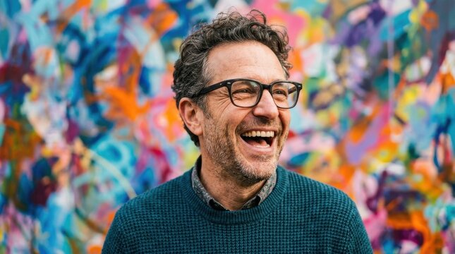 A man with glasses laughing exuberantly against a colorful abstract background, joyful energy and vibrant expressive portrait atmosphere, ultra-realistic, no logos.