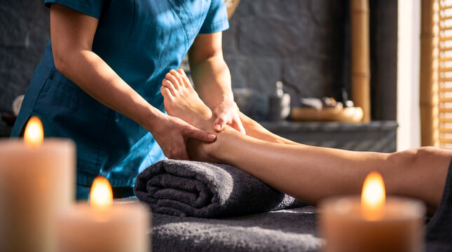 Professional massage therapist giving a relaxing foot and leg massage to a client on a spa bed with glowing candles.