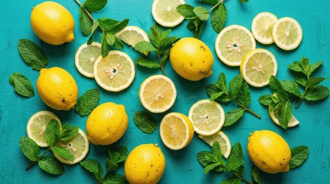 Fresh lemons and mint leaves arranged in a playful pattern against a vibrant teal background, refreshing summery composition with crisp citrus energy, ultra-realistic, no logos.