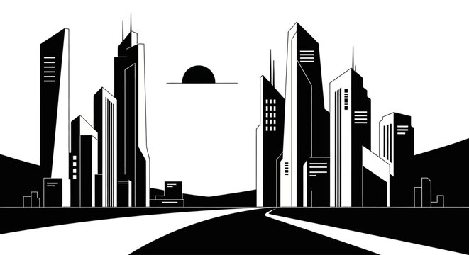 Futuristic black and white vector illustration of a modern cityscape with tall geometric skyscrapers, an empty road, and a rising or setting sun