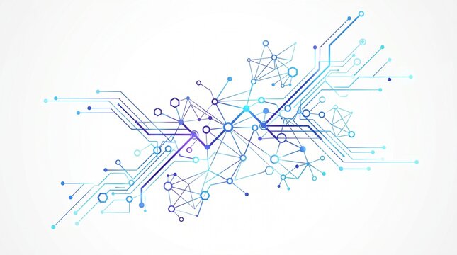Abstract digital network background with interconnected nodes and glowing technological circuit lines featuring geometric connections and data flow structures for futuristic science and engi