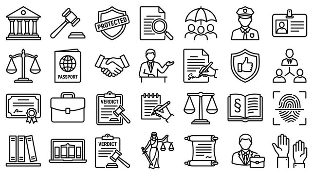Law and justice icons set courthouse gavel scales and legal documents.