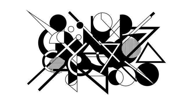 Dynamic abstract geometric art composition with intersecting black, white, and gray shapes, modern graphic design.