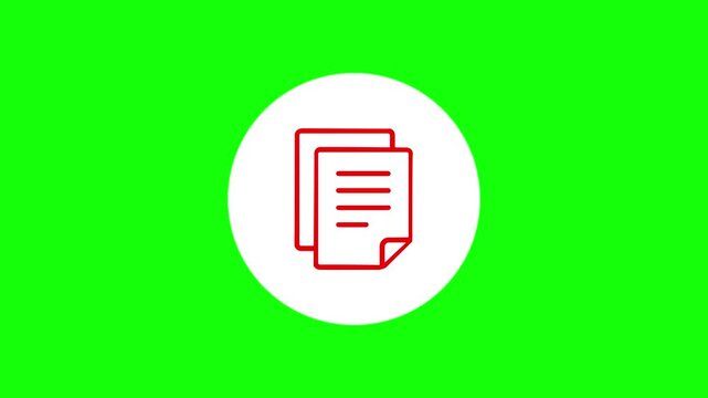 Animated red line document icon inside white circle with copy symbol on green screen background.