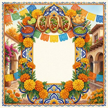 Vibrant decorative frame featuring traditional Mexican elements, perfect for celebrations and gatherings.