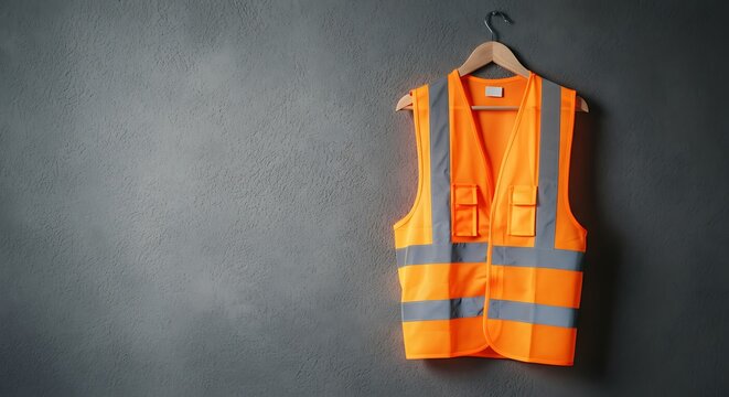 Safety Vest Hanging On Wall, Minimalist Labor Protection Concept, Bright Neon Color, Huge Side Copy Space