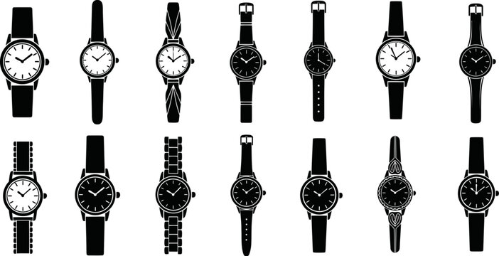 Wristwatch time accessory collection silhouettes isolated vector eps file graphic design.