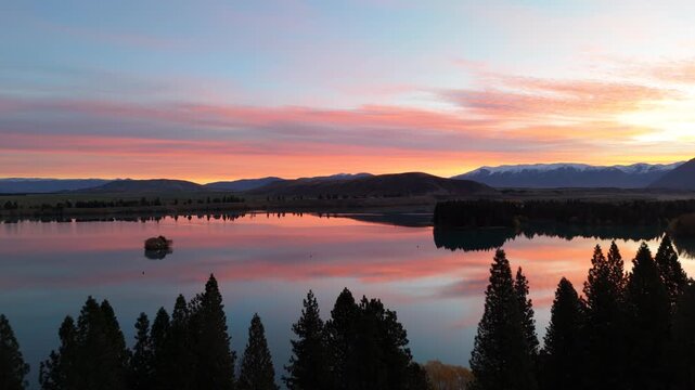 Aerial of Lake Twizel Sunset Mirror Reflection