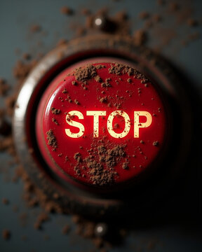 Silent control power not speaking urgent red stop button covered in dust conveying warning and restraint