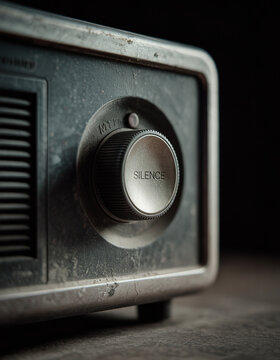 Silent control power not speaking dial silence button on dusty vintage radio creating moody quiet atmosphere