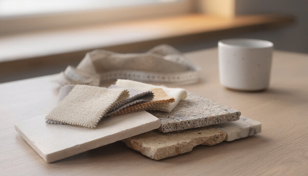 Marble and granite tile samples with fabric swatches by window