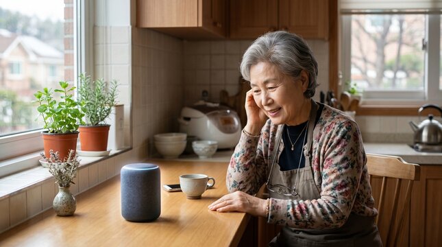 Korean Senior Woman Using Smart Speaker for Health Reminder