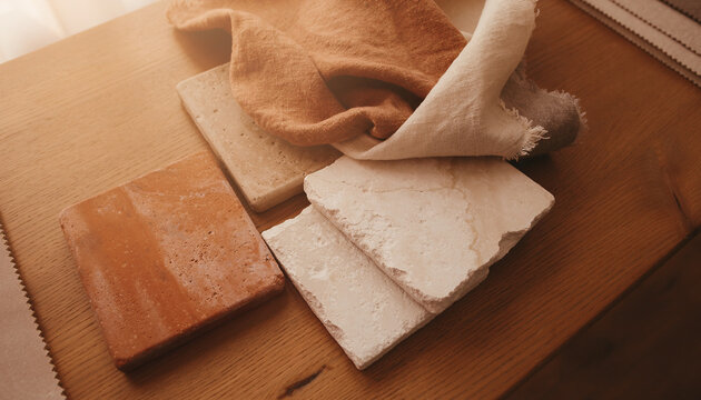 Terracotta tile with stone samples and linen fabric on wooden table