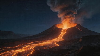 Fototapeta premium Volcano erupting with lava at night