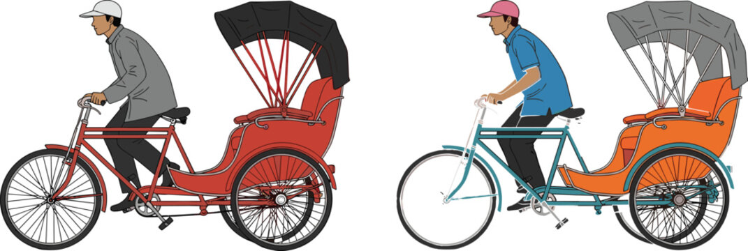 Rickshaw Bicycle Illustration Set with Pedicab, Rider, and Colorful Seats for Transportation and Urban Travel Designs