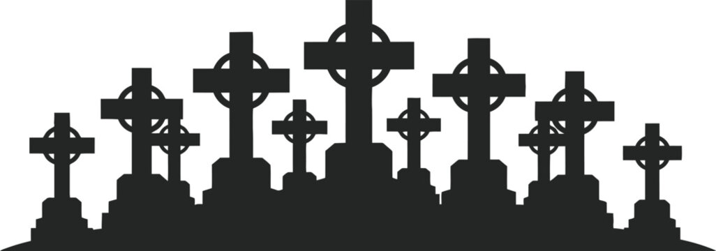 Cemetery tombstones crosses graves graveyard standing stone markers.