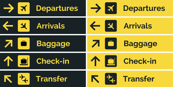 Airport Direction Signs Set Departures Arrivals Baggage Check In Transfer Wayfinding Icons