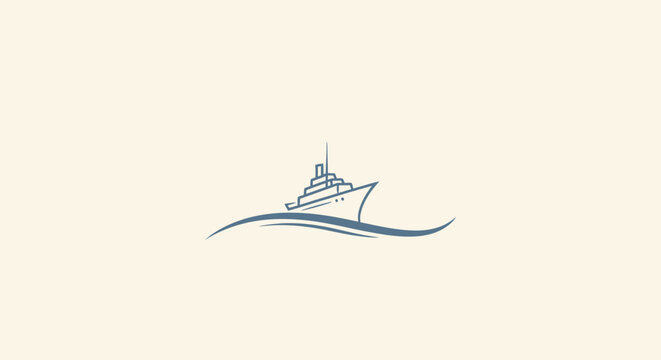 Minimalist line art illustration featuring a sleek ship gracefully sailing through ocean waves, symbolizing adventure, maritime exploration, and serene sea journeys