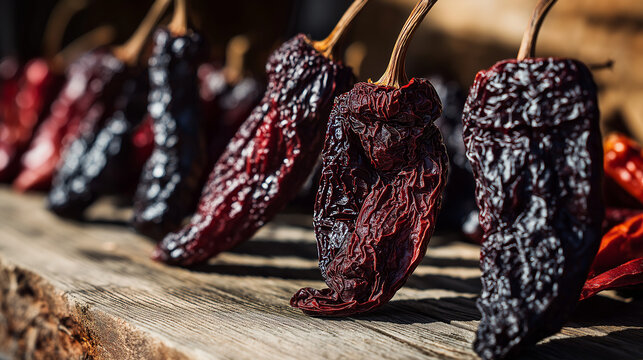 ancho. Deep red ancho chilies drying in sunlight, slightly wrinkled texture on rustic background. menu design, packaging mockups, designed for food delivery and cloud-kitchen brand materials.