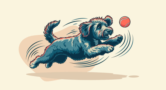 A vibrant illustration of an energetic black curly-haired dog joyfully leaping in mid-air to catch a bright red ball, showcasing playful movement and canine happiness