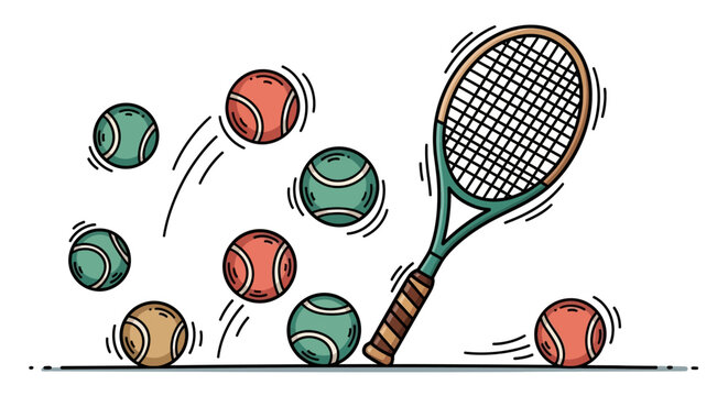 Dynamic and colorful illustration of tennis equipment featuring a racket and multiple bouncing balls, capturing the energetic spirit of the sport