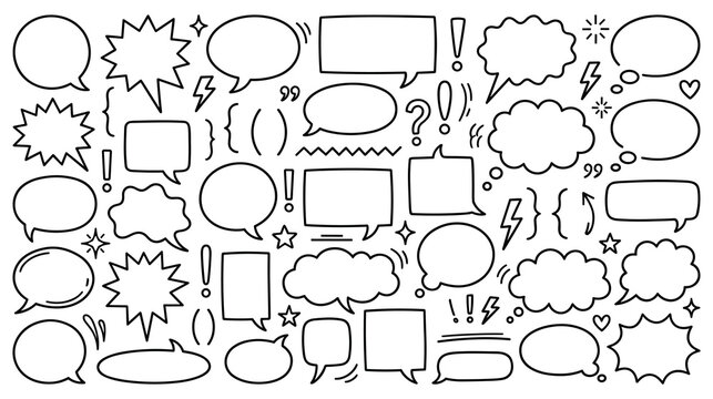 Speech bubble doodle set blank comic and thought elements sketch collection.