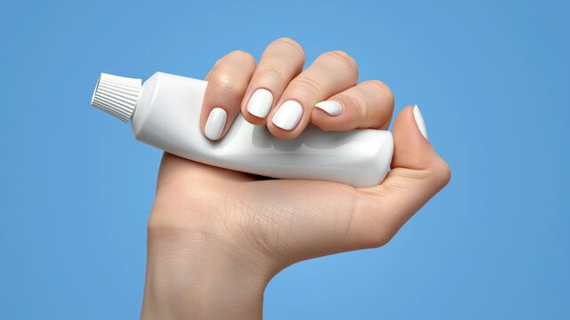 Hand holding a white tube with a textured nozzle, gradually squeezing it, showcasing a continuous action against a solid blue background