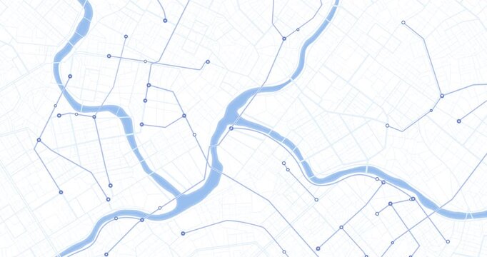 City grid map with river and extending route lines for logistics visualization