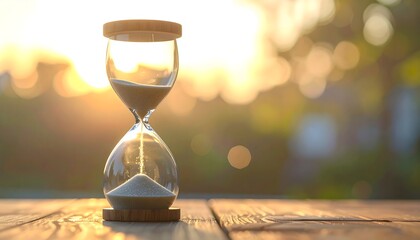 Reloj de arena sobre mesa de madera al atardecer como concepto de tiempo y paciencia © EBG Stock Studio