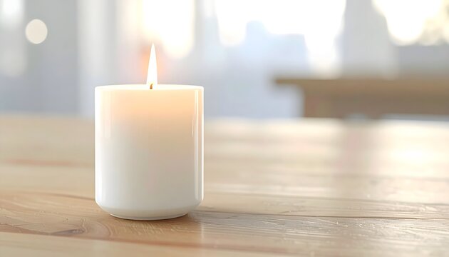 Vela blanca encendida sobre mesa de madera en ambiente luminoso y relajante