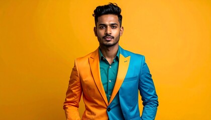 Obraz premium Hombre elegante con traje bicolor sobre fondo amarillo vibrante de moda creativa