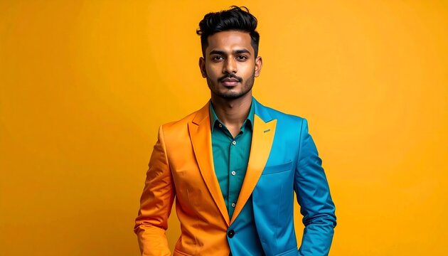 Hombre elegante con traje bicolor sobre fondo amarillo vibrante de moda creativa