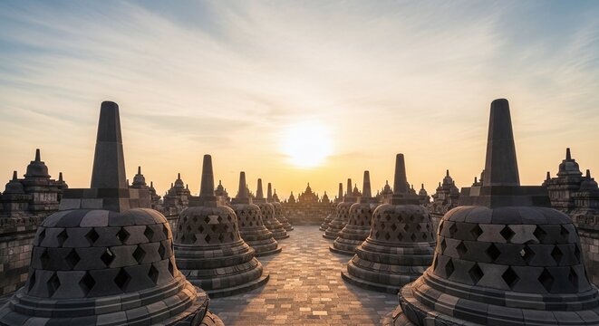 Borobudur Temple Stupas at Sunrise Indonesia.