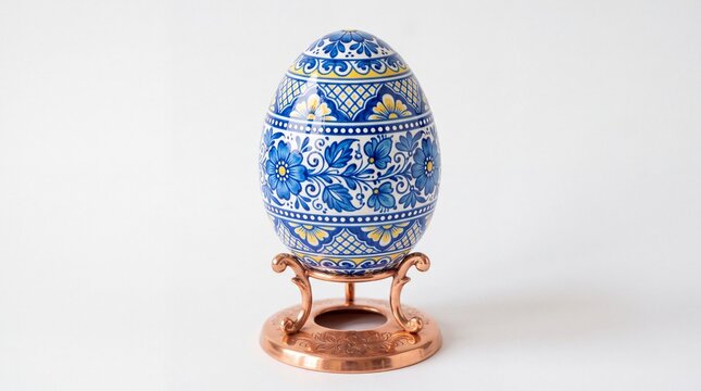 Decorative blue and yellow floral easter egg on a metal stand