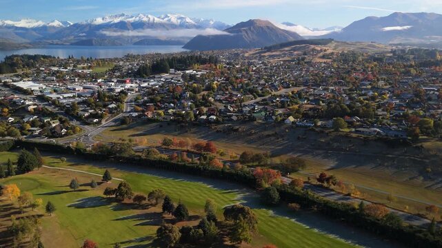 Aerial of Wanaka Township Overview Autumn Mountains