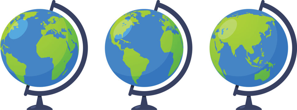 World Globe Views Set Americas Europe Africa Asia Classroom Geography Illustration