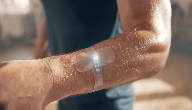 Closeup of a mans arm with a bandage showing skin texture and light reflection.