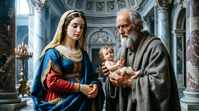 Elegant Simeon prophecy reveals Mary's sacred sorrow in timeless temple art.