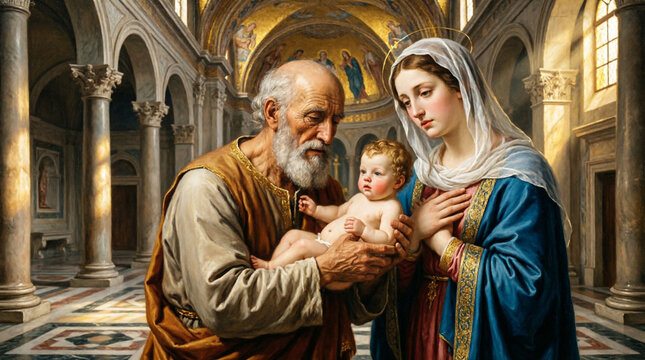 Elegant Simeon prophecy reveals Mary's sacred sorrow in timeless temple art.