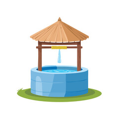 Obraz premium Cartoon well with water and a wooden roof against a white backdrop