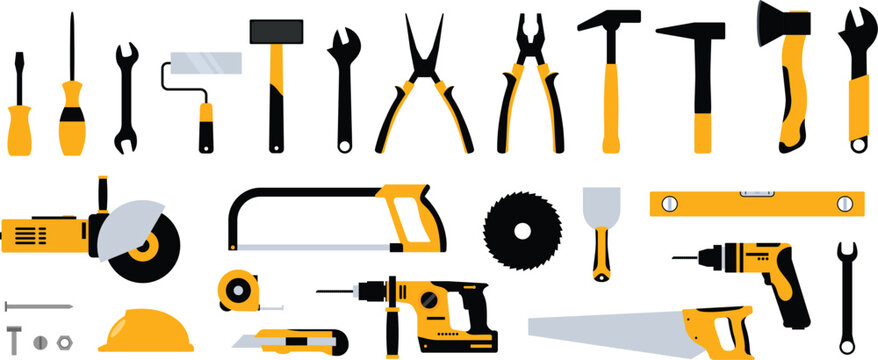 Construction Tools Icon Set Hammer Drill Saw Screwdriver Wrench Equipment Collection