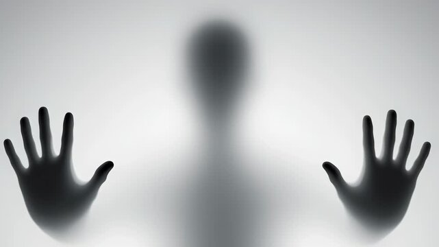Silhouette of a person with hands pressed against a translucent surface, creating a striking visual effect with light and shadow in a minimalistic setting