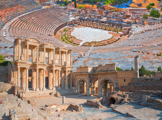 Celsus Library in Ephesus with Amphitheater in Ephesus in the background  (Efes) - Selcuk, Turkey © muratart