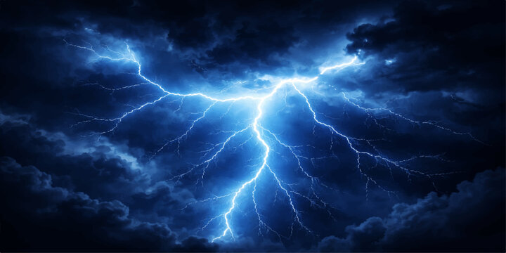 A powerful bolt of lightning in the night sky illuminates dark thunderstorm clouds with electrical energy and stormy weather patterns