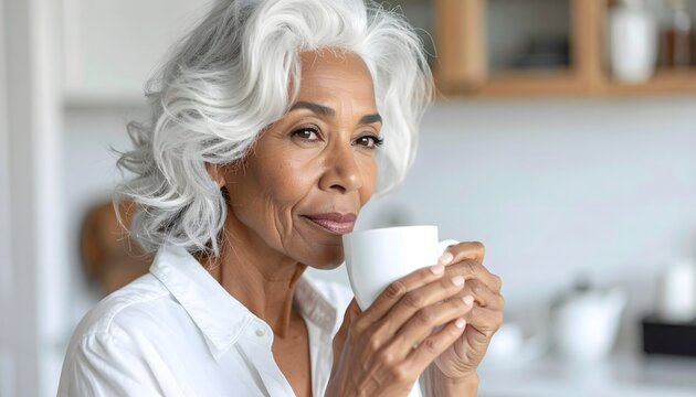 Mujer madura con cabello blanco tomando caf&eacute; en una cocina luminosa y tranquila