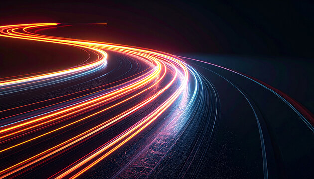 Velocity Trail: A vibrant and captivating image showcasing the dynamic flow of light trails along a winding road, embodying speed, energy, and the relentless pulse of modern life.