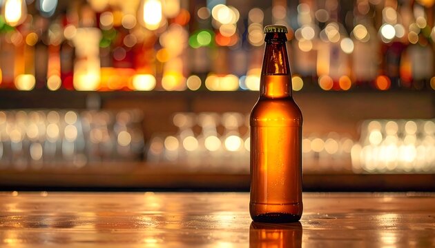 Botella de cerveza &aacute;mbar sobre barra de bar con luces desenfocadas al fondo