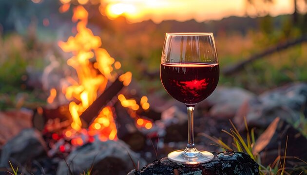 Copa de vino tinto junto a una hoguera al aire libre durante el atardecer