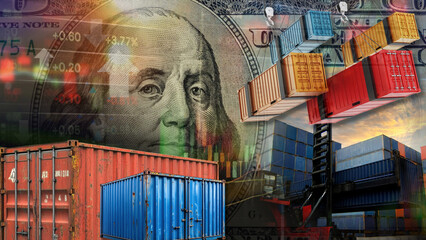 Complex geopolitical shifts and US dollar fluctuations are impacting global imports, exports, and maritime trade. This is illustrated by images of shipping containers, the 100-dollar banknote © le